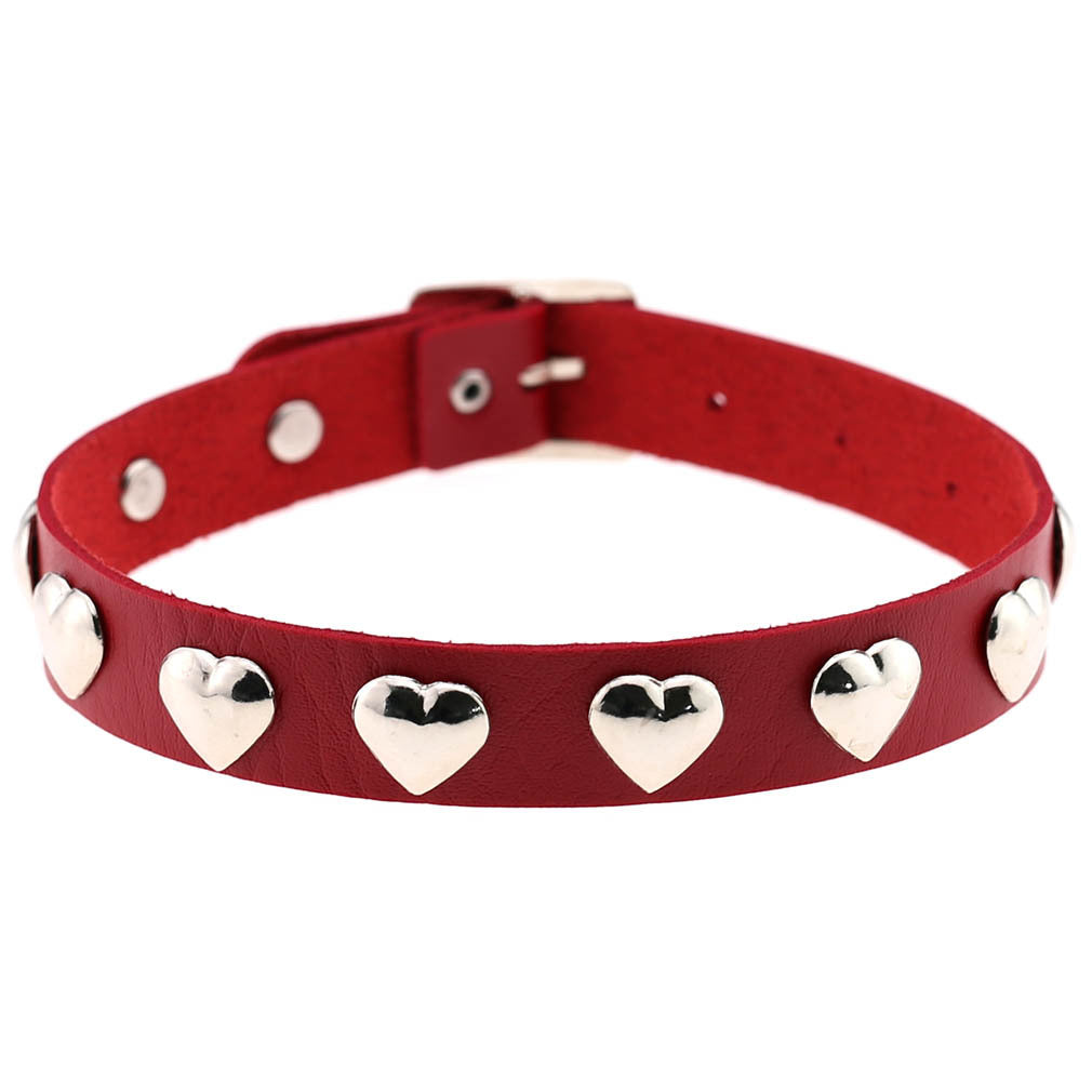 Punk Heart Rivet Leather Choker - Red - Punk Lovers