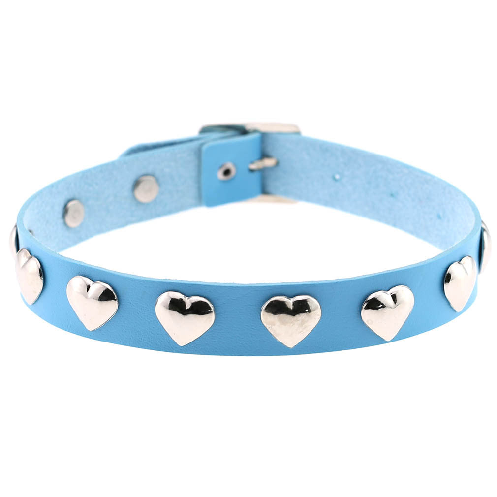 Punk Heart Rivet Leather Choker - Light Blue - Punk Lovers