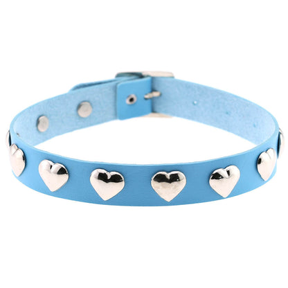 Punk Heart Rivet Leather Choker - Light Blue - Punk Lovers
