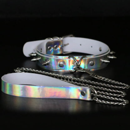 Iridescent Rivet Leather Choker - Iridescent White - Punk Lovers