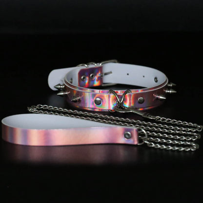 Iridescent Rivet Leather Choker - Iridescent Pink - Punk Lovers