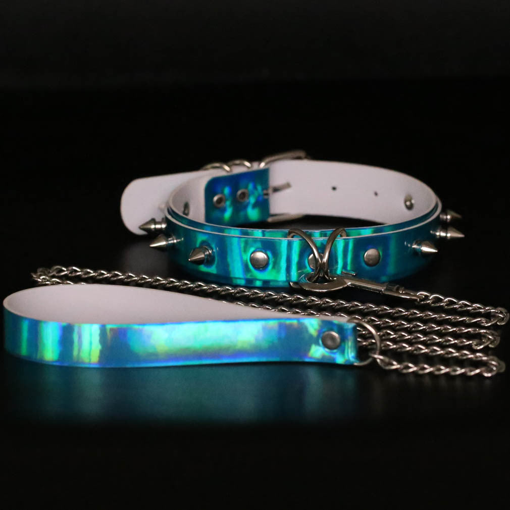 Iridescent Rivet Leather Choker - Iridescent Blue - Punk Lovers