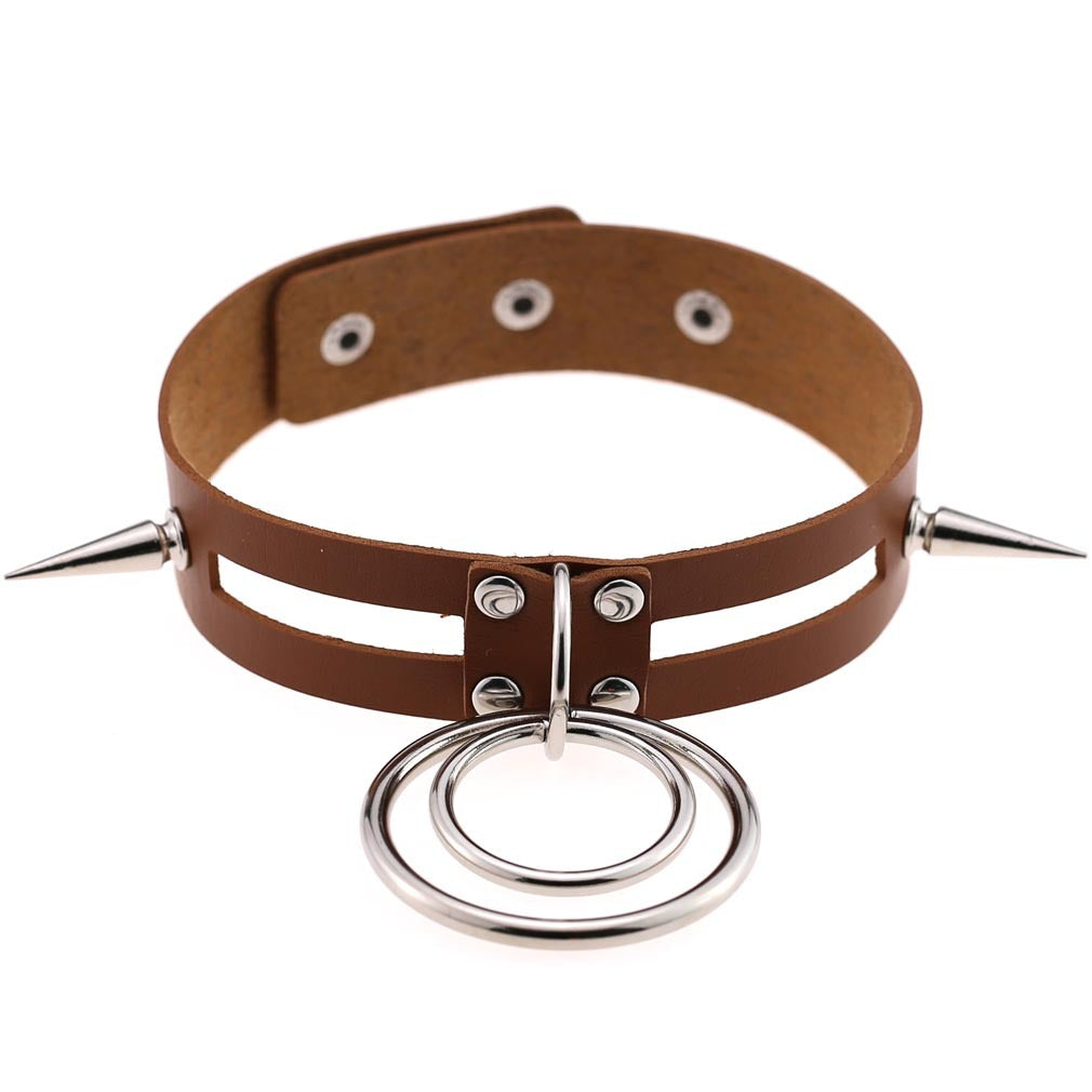 Punk Spike Rivet O-Ring Choker - Light Brown - Punk Lovers