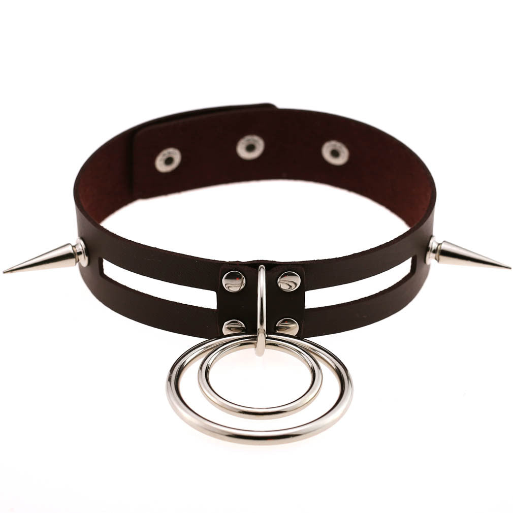 Punk Spike Rivet O-Ring Choker - Deep Brown - Punk Lovers