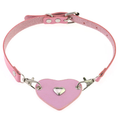 Punk Lovers Heart Pendant Leather Necklace Choker in Pink
