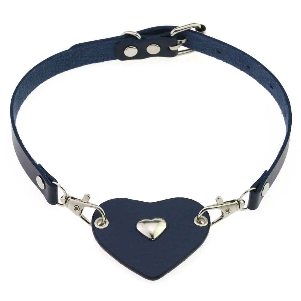 Punk Lovers Heart Pendant Leather Necklace Choker in Blue