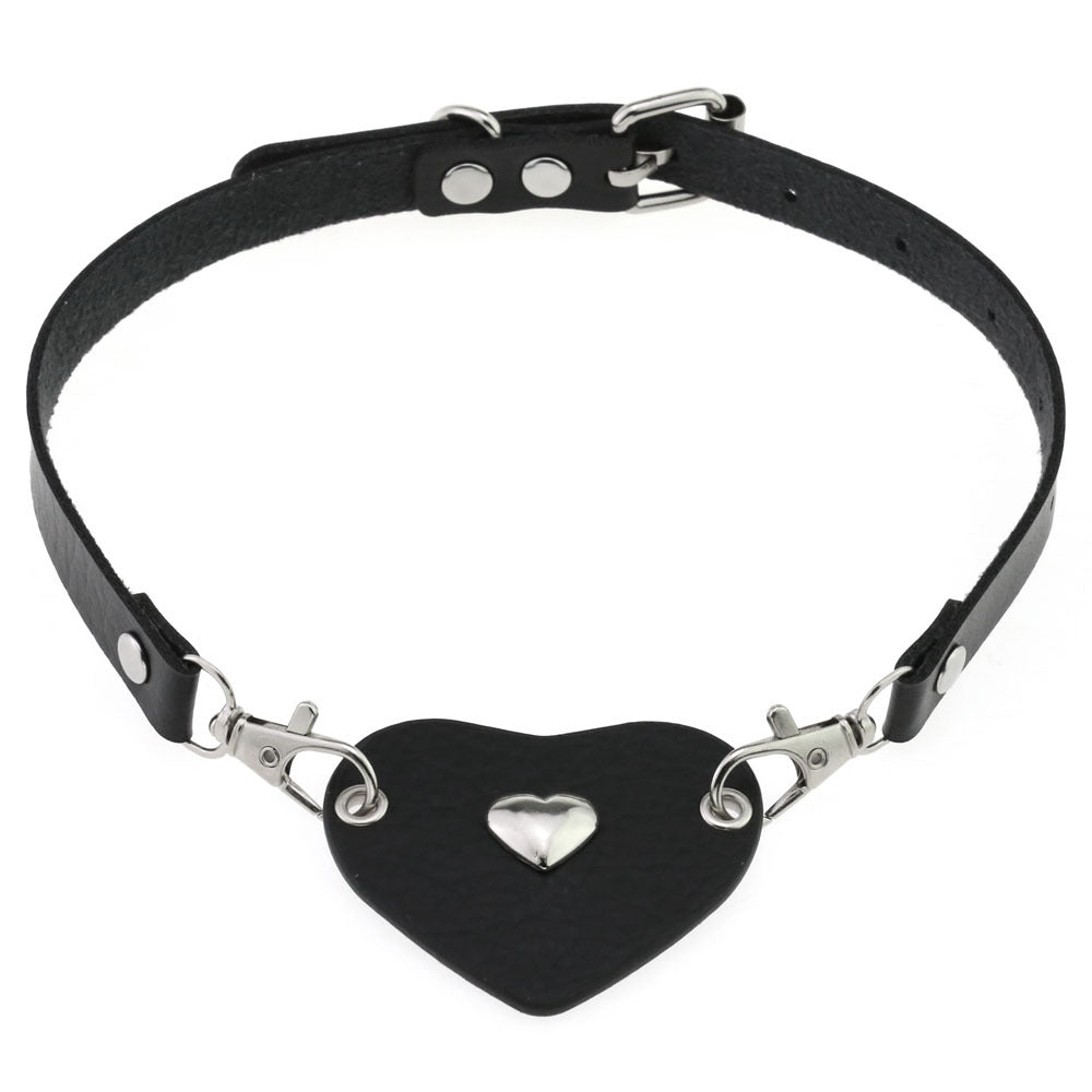 Punk Lovers Heart Pendant Leather Necklace Choker in Black
