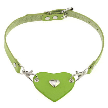 Punk Lovers Heart Pendant Leather Necklace Choker in Green