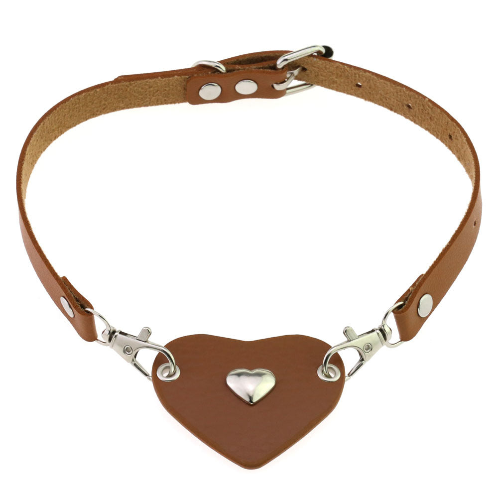 Punk Lovers Heart Pendant Leather Necklace Choker in Coffee