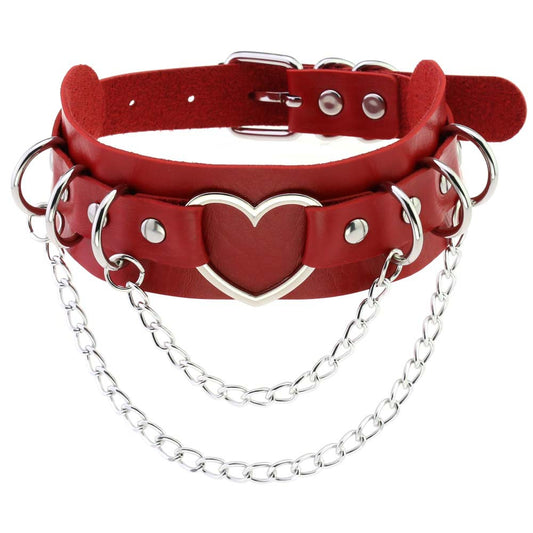 Punk Lovers Punk Double Layer Heart PU Necklace Chain Choker in Red
