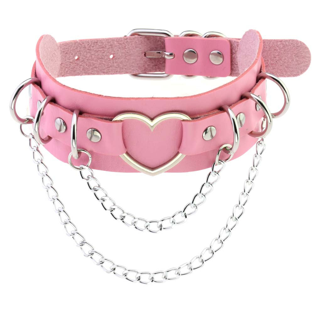 Punk Lovers Punk Double Layer Heart PU Necklace Chain Choker in Pink