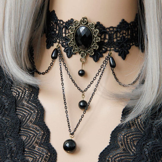 Women's Gothic Bead Lace Choker with Chain