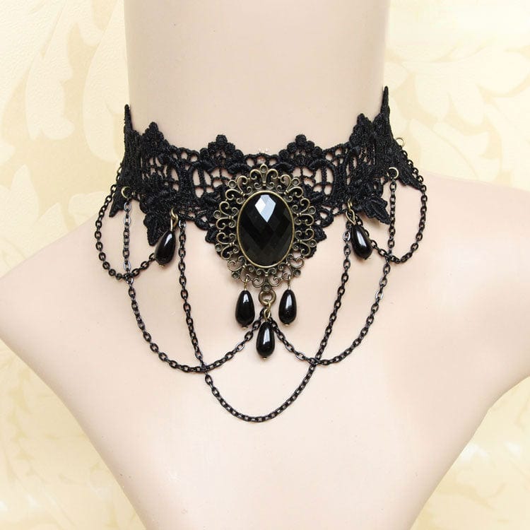 Women's Gothic Diamante Lace Choker with Chain - Punk Lovers