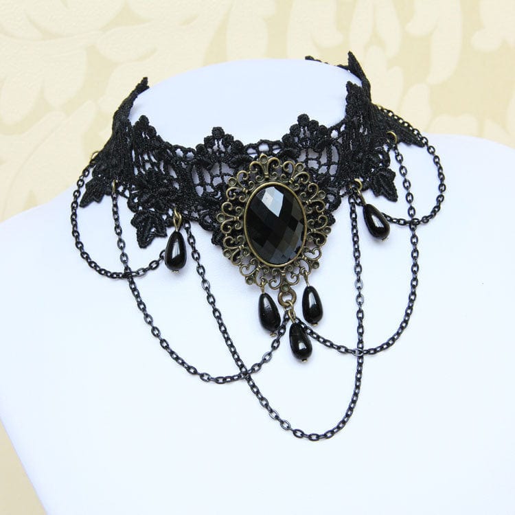 Women's Gothic Diamante Lace Choker with Chain - Punk Lovers