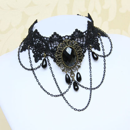 Women's Gothic Diamante Lace Choker with Chain - Punk Lovers
