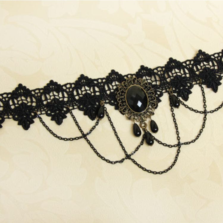 Women's Gothic Diamante Lace Choker with Chain - Punk Lovers