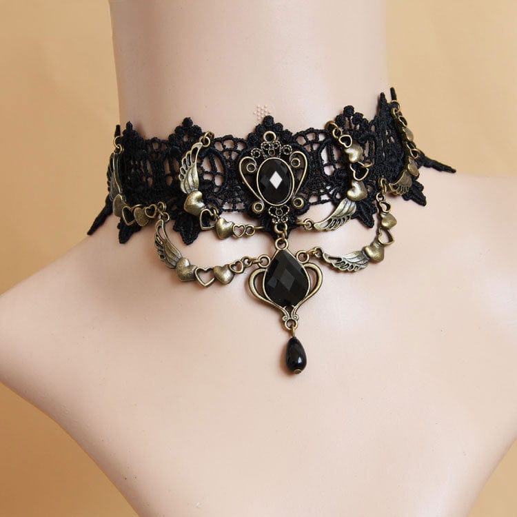 Women's Gothic Diamante Lace Choker with Heart Chain - Punk Lovers