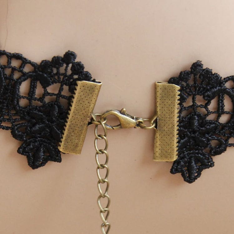 Women's Gothic Diamante Lace Choker with Heart Chain - Punk Lovers