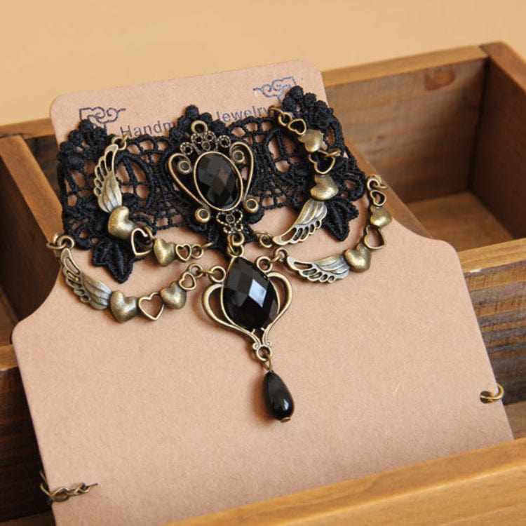 Women's Gothic Diamante Lace Choker with Heart Chain - Punk Lovers