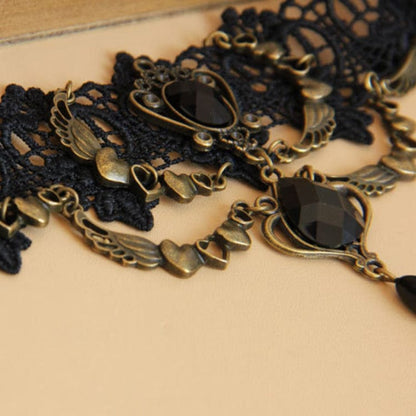 Women's Gothic Diamante Lace Choker with Heart Chain - Punk Lovers