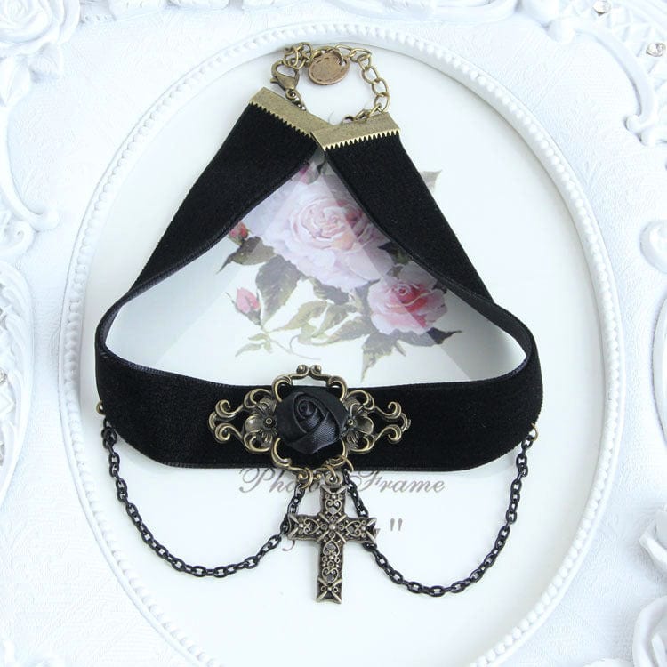 Women's Gothic Rose Cross Choker with Chain - Punk Lovers
