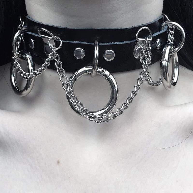 Women's Punk Metal Chains Faux Leather Wide Choker With Three Rings - Punk Lovers