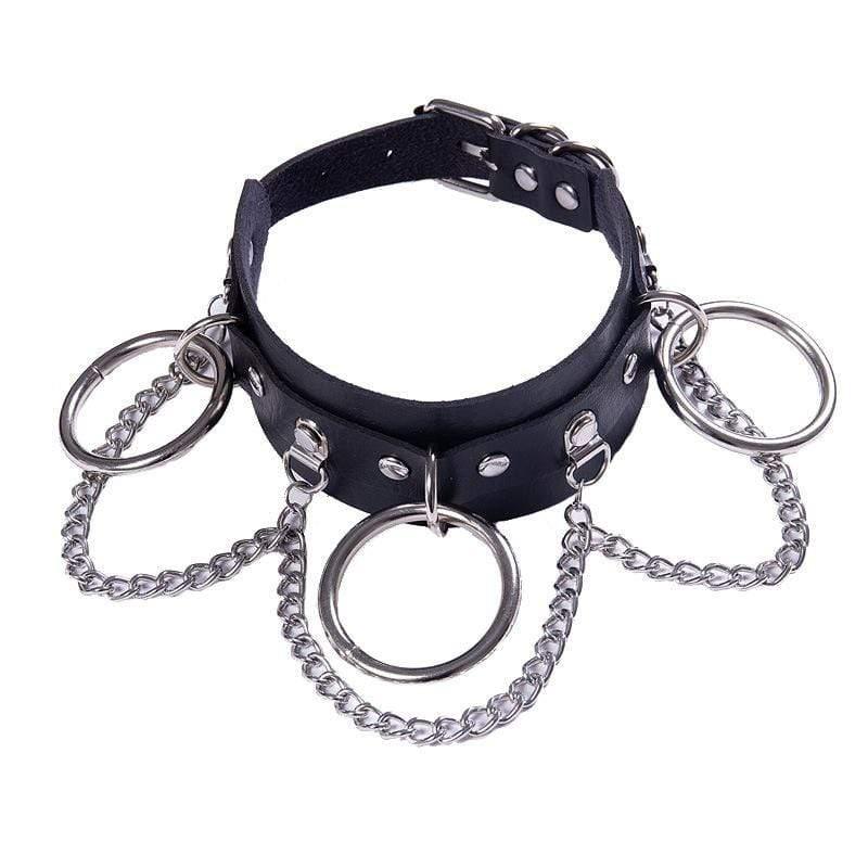 Women's Punk Metal Chains Faux Leather Wide Choker With Three Rings - Punk Lovers