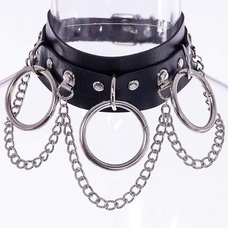 Women's Punk Metal Chains Faux Leather Wide Choker With Three Rings - Punk Lovers