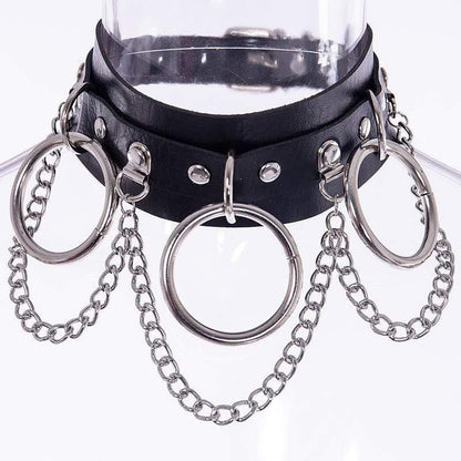 Women's Punk Metal Chains Faux Leather Wide Choker With Three Rings - Punk Lovers
