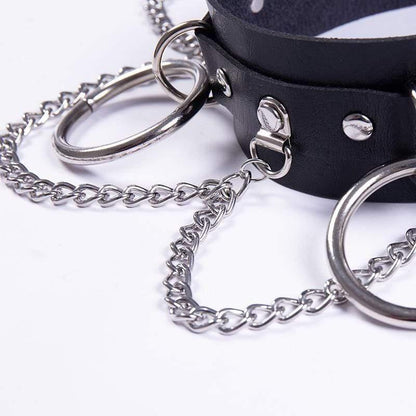 Women's Punk Metal Chains Faux Leather Wide Choker With Three Rings - Punk Lovers