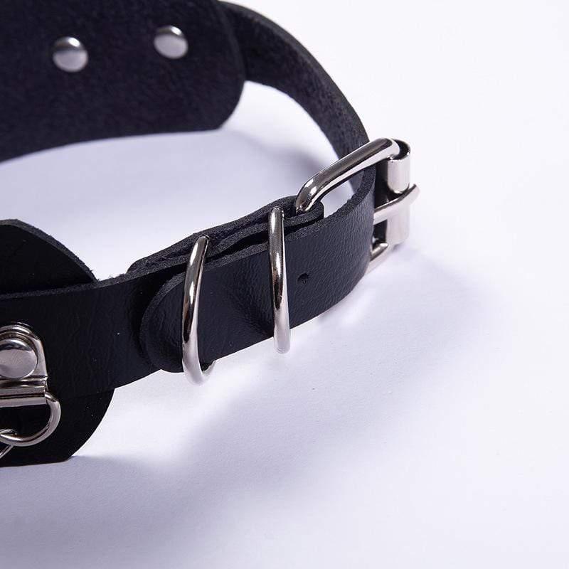 Women's Punk Metal Chains Faux Leather Wide Choker With Three Rings - Punk Lovers