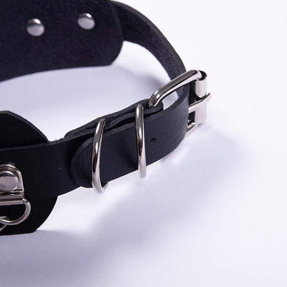 Women's Punk Metal Chains Faux Leather Wide Choker With Three Rings - Punk Lovers